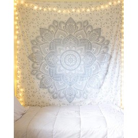 Raajsee Indian Psychedelic Tapestry Mandala Silver Grey/Multicoloured Bohemian Indian Wall Hanging Indian Elephant Boho Cotton Hippie Wall Towel Meditation Yoga Mats Beach Towel