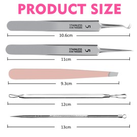 Auiremrti Blackhead Remover and Pimple Popper Tool Kit, 2 Blackhead Extractors, 1 Ingrown Hair Tweezers, 2 Pimple Extractor, Acne Tools for Face