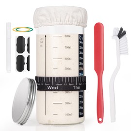 Sourdough Starter Jar 34 oz/1000 ml, Sourdough Starter Kit with Date Marked Feeding Band, Thermometer, Silicone Spatula, Cloth Cover&Aluminum Lid, Cleaning Brush, DIY Sticker, Marker Pen, Colored Rope