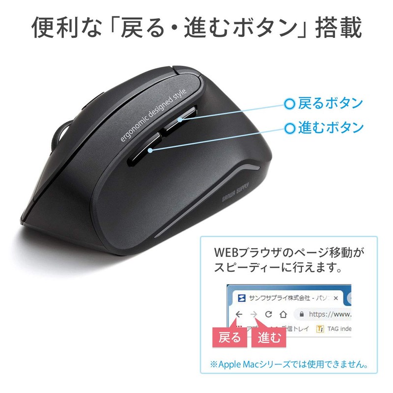 Sanwa Supply MA-ERGW10N Ergonomic Mouse, Silent, Wireless, 2.4 GHz, Tendonitis