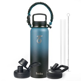 Trebo Stainless Steel Water Bottle 1.2L, Wide Mouth Insulated Water Bottle Double with Paracord Handle Sports Bottle Keep Cold 48 Hours Water Bottle with 3 Lids, Indigo/Black