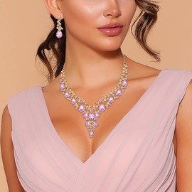 Clearine Wedding Bridal Jewellery Set Teardrop Rhinestone Cluster Statement Necklace Dangle Earrings Set Fashion Jewellery for Women Pink Gold Tone, Crystal