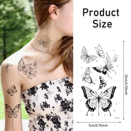 JIEYAO 20 Sheets Black Butterfly Temporary Tattoos, Small Butterflies Fake Tattoo, Waterproof Tattoos Stickers Realistic Black & White Butterflies Long Lasting Tattoos Semi Permanent Tattoo Stencils