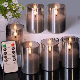 VIODAIM 6Pack Glass Flickering Flameless Candles with Remote, 2"X3" Real Wax Votive Candles Battery Operated, Small Electric LED Candles for Wedding Home Decor, w/4 Timers+2 Lighting Modes [Gray]