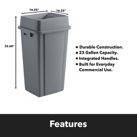 Zedfire Gray, 23 Gallon Square Commercial Trash Can with Swing Lid, Heavy-Duty Garbage Can, Industrial Trash Bin for Restaurants/Warehouse/Commercial Facilities