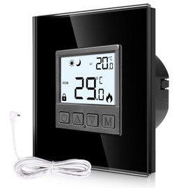 CNBINGO Digital Room Thermostat Flush-Mounted with Sensor, Thermostat for Water Underfloor Heating and Boiler, Wall Thermostat for Heating and Cooling Systems, Black with Glass Frame