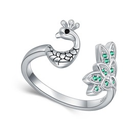 Gnteey Peacock Open Ring in 925 Sterling Silver with Lab-Created Emerald-Embellished Tail for Women