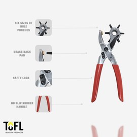 TOFL Rotary Leather Hole Punch - Heavy Duty Hole Puncher for Belts, Straps, Dog Collars, Shoes, Crafting - Non-Slip Rubber Handles, Safety Lock - Punching & Piercing Tool with 6-Hole Rotating Head