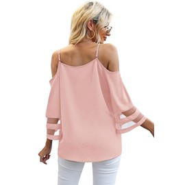 Jouica Womens Summer Tops Sheer Panel 3/4 Bell Sleeve Tops Cold Shoulder Loose Fit Shirts,Pink,Small