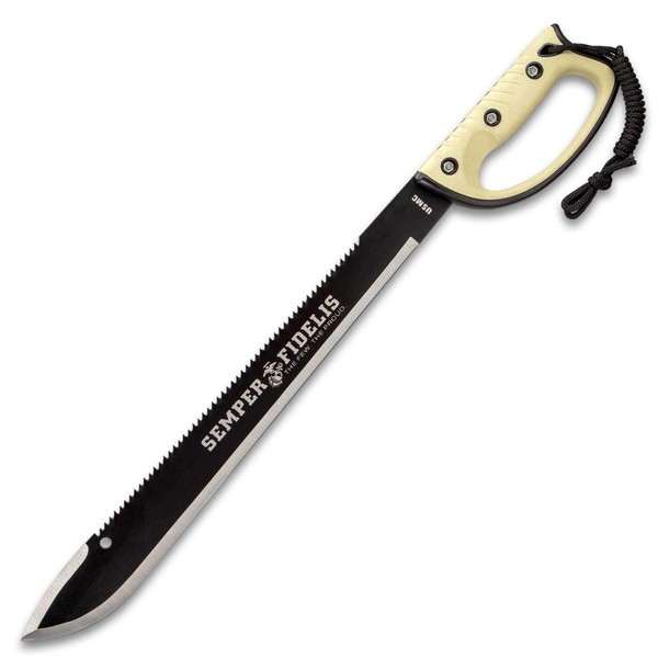 United Cutlery USMC Semper Fi Sawback Machete Knife with Sheath | Full-Tang Machete | 17 1/2" Non-Reflective Stainless Steel Blade | Saber-Style Handguard Handle | Modern Tactical Weapon - 24” Overall
