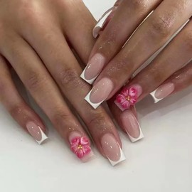 Yabonica 3D Floral French Tip Press On Nails Short – Square Fake Nails with Cute Design, Classic French Tip, Gel Nail Tips for Women & Kids (24PCS, Includes Jelly Glue & Nail File)(015)