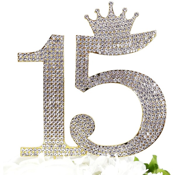 Number 15 Quinceanera Rhinestone Princess Crown Monogram Cake Topper - Sweet 15th Birthday Party (Gold)