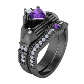 Bridal Sets Black Gold Plated Heart Purple Cz 2pcs Womens Wedding Ring Sets Engagement Ring Claddagh Ring