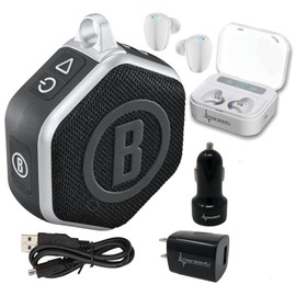 Wearable4U Bushnell Wingman Mini Black/Silver GPS Bluetooth Speaker with Ultimate White Earbuds and Wall/Car Chargers Bundle