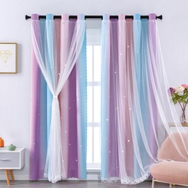 XiDi Curtains for Bedroom Eyelet Curtains for Kids Curtains Nursery Girls Living Room Rainbow Drapery with Eyelet for Windows, 2 Panels W34 x L63 Inch Pink Blue Purple Draperies