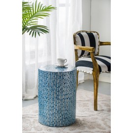 A&B Home Small Side Table, Capiz Stool Accent Table, Mother of Pearl Round End Table, Living Room Plant Stand, Blue,14" x 14" x 20"