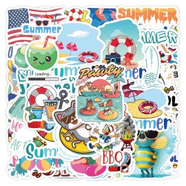 Summer Stickers for Water Bottles, 52 PCS Swimming Pool Party Sticker for Surfboard Laptop Skateboard Suitcase Scrapbooking Luggage Computer, Cool Adventure Waterproof Decals for Teens Kids Boys (Summer Stickers)
