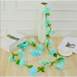 7 Feet Long Artificial Vine Cherry Blossom Flower Garland Hanging Silk Sakura Flowers Garland for Christmas Diwali Newyear Eid Wedding Anniversary Housewarming Parties (Blue)