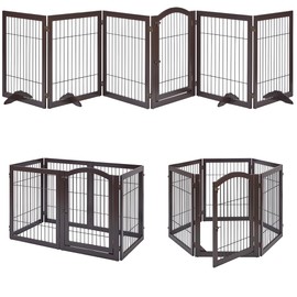 unipaws 144" Extra Wide Dog Gate and Playpen, Free Standing 31.5" Tall Pet Fence with Walk Through Door, Barriers for Home, Use as Indoor Cats Rabbit Pen, Espresso