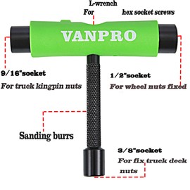 Vanpro All-In-One Skate Tools Multi-function Portable Skateboard T Tool Accessory with T-type Allen Key and L-type Wrench Screwdriver(Snow Upgrade-Green Pack of 1)