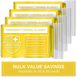 Swiss Safe Emergency Mylar Thermal Blankets + Bonus Gold Foil Space Blanket. Designed for NASA, Outdoors, Survival, First Aid, Gold, 10 Pack