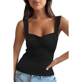 Micoson Womens Tops Tanks Sleeveless Slim Pleated Bustier Sweetheart Neck Strappy Backless 2024 Summer Y2K Cami Black L