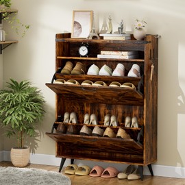 MODCART Narrow Farmhouse Shoe Cabinet with 2 Flip Drawers, Freestanding Organizer with Metal Legs and Hook up for Entryway, Brown