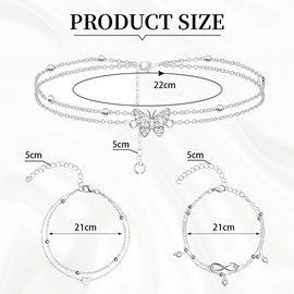 Aucuu 3Pcs Anklets for Women，Adjustable Women's anklets， Heart Pendant Anklets Butterfly Anklets，Multilayered Women Anklets Foot Jewelry for Summer Beach Vacation