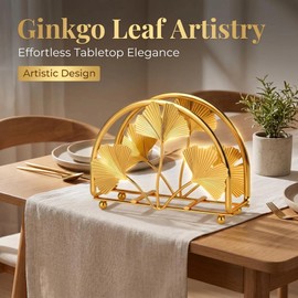 Gold Ginkgo Leaves Napkin Holder for Table, Elegant Napkin Holders for Paper Napkins, Napkin Standing Holder, One Piece Cocktail Napkin Holder for Bathroom, Kitchen, Dinning Table Decor