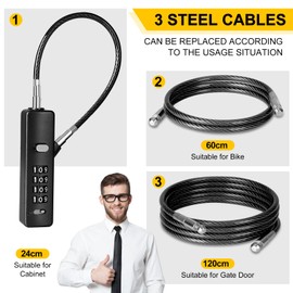 DELSWIN Cable Locks with Combination, 4-Digit Gate Lock with 3 Steel Ropes (9'' /23.6'' /47.2''), Security Cable Lock for Luggage,Helmet,Gym Locker,Cabinet,Gate,Scooter,Bike(Black)