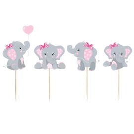 Finduat 48 piezas azul elefante cupcake adornos para niños Baby Shower suministros de decoración, Baby Boy cumpleaños fiesta suministros (doble cara), Rosa-ele