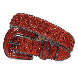 TINIDI Men Women Rhinestones Belt Western Bling Diamond Crystal Studded Leather Belt For Jeans Pants (42: fits waist from 30"-32", Red)