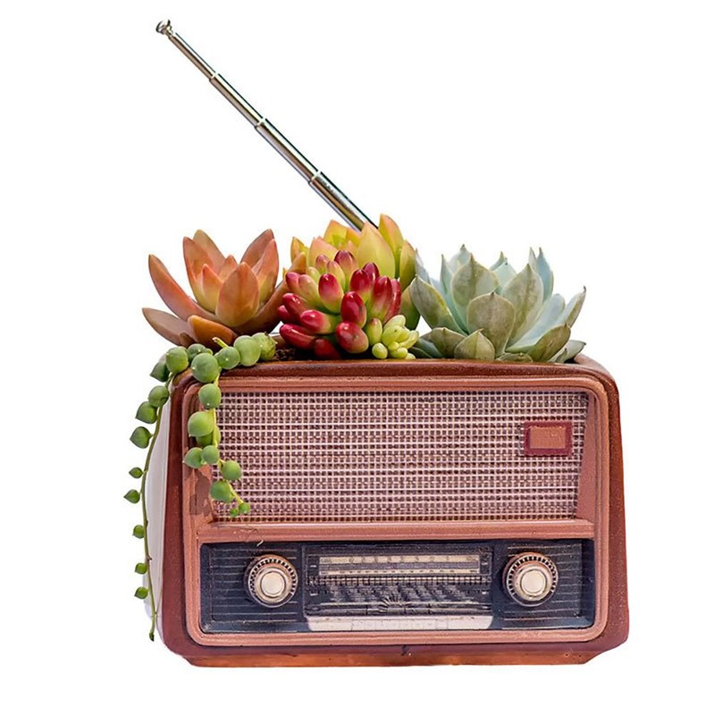 Retro Radio Flowerpot Resin Planter Decorative Vase for Home Office