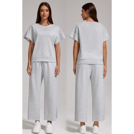 YETOWA Women’s Air Layer Fabric Two Piece Set Stylish Crop Top & Wide Leg 3/4 Pants Lounge Matching Tracksuit