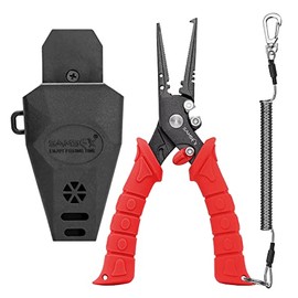 SAMSFX 7.5 inch Fishing Pliers, Stainless Steel Hook Remover Fishing Gear, Tungsten Carbide Cutters, Corrosion Resistant Teflon Coating (Red Handle, Split Ring Nose)