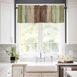 Anzona Curtain Valance 42" x 12", Sage Green Brown Wood Window Valances Rod Pocket Curtains Drapes, Modern Vintage Wooden Short Topper Curtain for Kitchen Cafe Living Room, 1 Panel