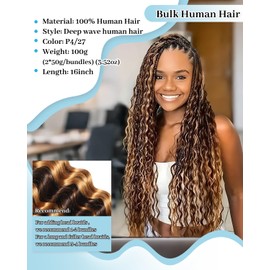 Flagship Human Braiding Hair 16 Inch 2 Bundles Human Hair Braiding Hair No Weft Deep Wave Bulk Human Hair Braiding Hair Extensions for Boho Braids 100g P4/27#