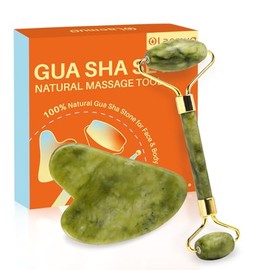 Jade Gua Sha y rodillo facial, juego de herramientas faciales con piedra Gua-Sha de jade real para reducir la hinchazón, cuidado corporal