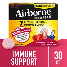Airborne 1000mg Vitamin C with Vitamin D + Zinc Sugar Free Multivitamin Immune Support Effervescent Fizzy Drink Tablets, Very Berry Flavor with Powerful Antioxidants VIT A C & E, 30 Tablets (2 Pack)