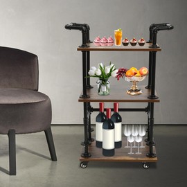 LOYALHEARTDY Industrial Bar Carts,3 Tiers Wine Rack Carts on Wheels with Storage, 37In U-Shaped Handles Industrial Rolling Carts for Kitchens,Bars, Living Rooms(Brown, Black)