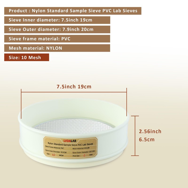 10 Mesh(2mm) PVC Nylon Lab Sieve, LVDALAB 7.9Inch(20cm) Diameter Sample