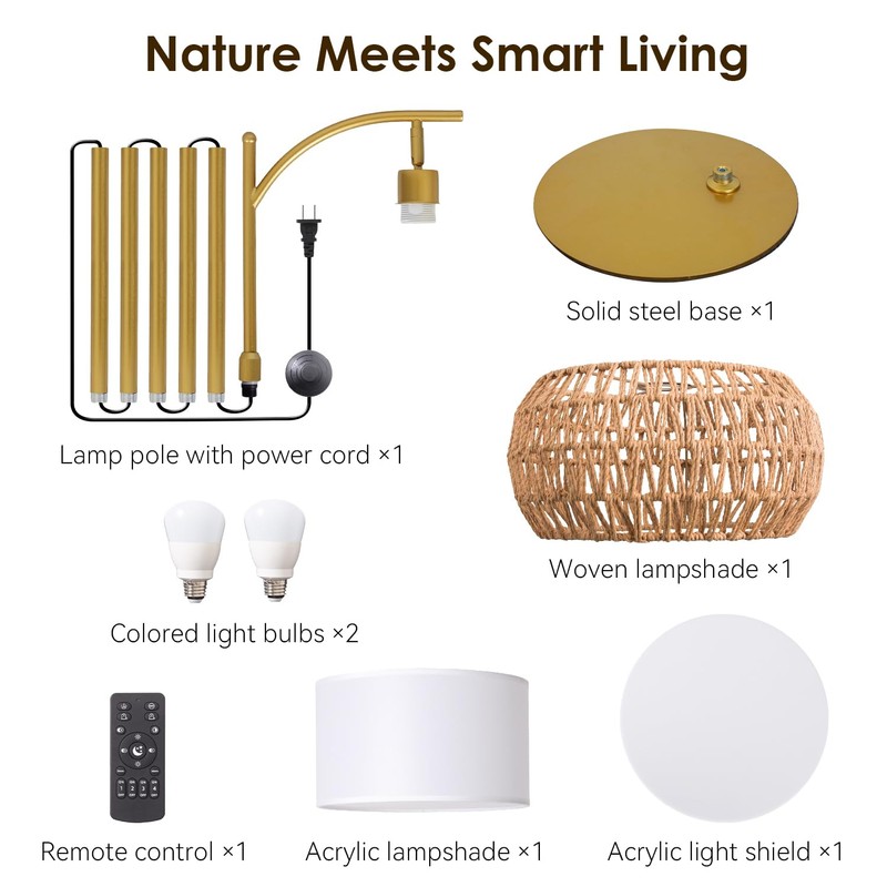 DRAWNCAT Gold Boho Rattan Floor Lamp w/Remote, Dimmable (2700K -
