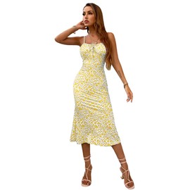 Floerns Women's Floral Print Drawstring Front Sleeveless Cami Midi Dress Yellow S