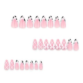 24Pcs Bow Press on Nails Medium Almond Fake Nails Cow French Tip with 3D Pink Bow Design White Nail Tips False Nails Nude Full Cover Artificial Glue on Nails Cute Stick on Nails for Women DIY Manicure