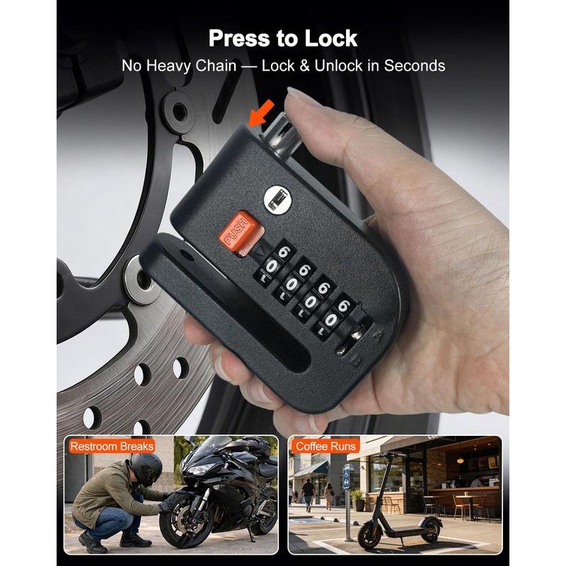 Motorcycle Disc Lock Anti-Theft Wheel Brake Lock, 4-Digit Code, 5ft