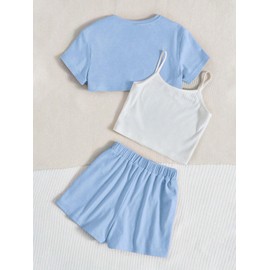OYOANGLE - Conjunto de 3 piezas de verano para niña, playera corta con estampado gráfico y playera con pantalones cortos, Azul/claro, 9 Años