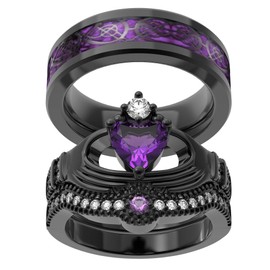 Couple Ring Bridal Set His Hers Black Claddagh Ring Heart Shape Rhinestone Stacking Irish Ring Stainless Steel Wedding Ring Band