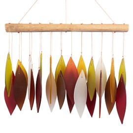 Blue Handworks Fall Leaves Glass & Driftwood Chime, Sandblasted Glass and Found Wood Handcrafted Wind Chime