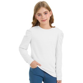Girls Puff Sleeve Cute T Shirts Kids Fall Tops Crewneck Clothes Loose Fit 5-14Y White