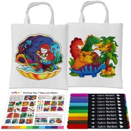 SNEILJOY Bags for Painting for Children Set, 2 Cotton Bags for Painting (42 x 38 cm) and 10 Textile Markers, DIY Craft Set for Children from 6 Years, Ideal for Overnight Parties and Holidays (YC73001)